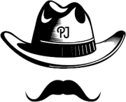 The image shows a stylized drawing of a cowboy hat with the initials "PJ" and a handlebar mustache below it, over a transparent background.